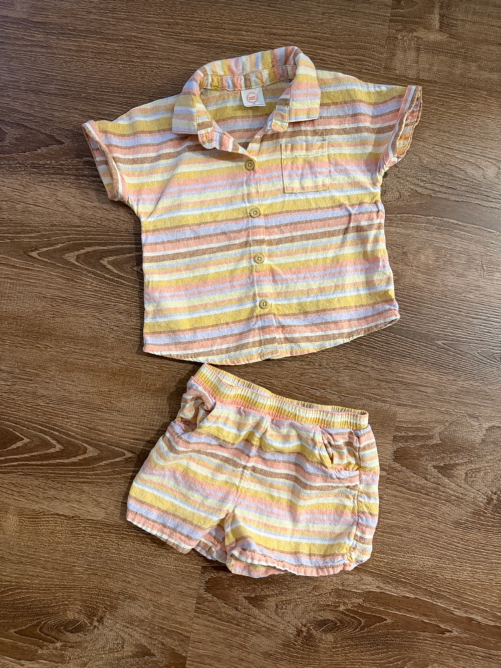 Striped Pastel Button-Up Shirt & Shorts Set - Yellow, Pink, Cream